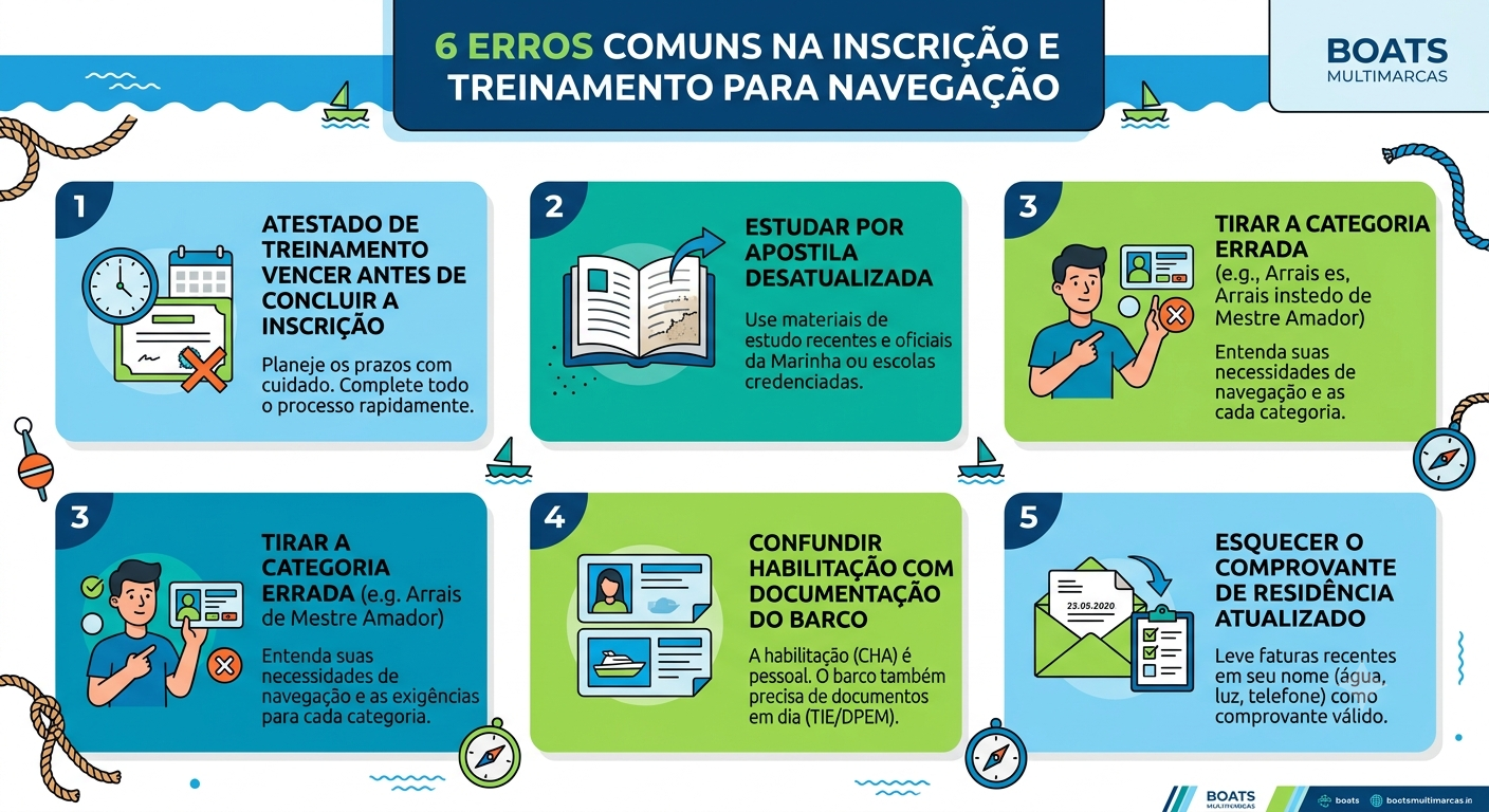 Infográfico com os erros mais comuns que atrasam a emissão da habilitação Arrais-Amador